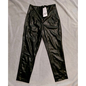 Zara Leather Pants Women Black Stretch Pleated High Rise Straight Leg Medium NWT
